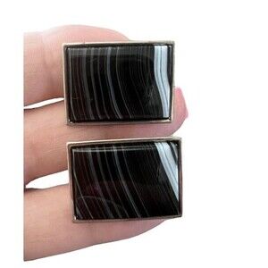 Vtg Jaguar Brand Black Onyx Sterling Silver Huggie Earrings Screw Back Signed